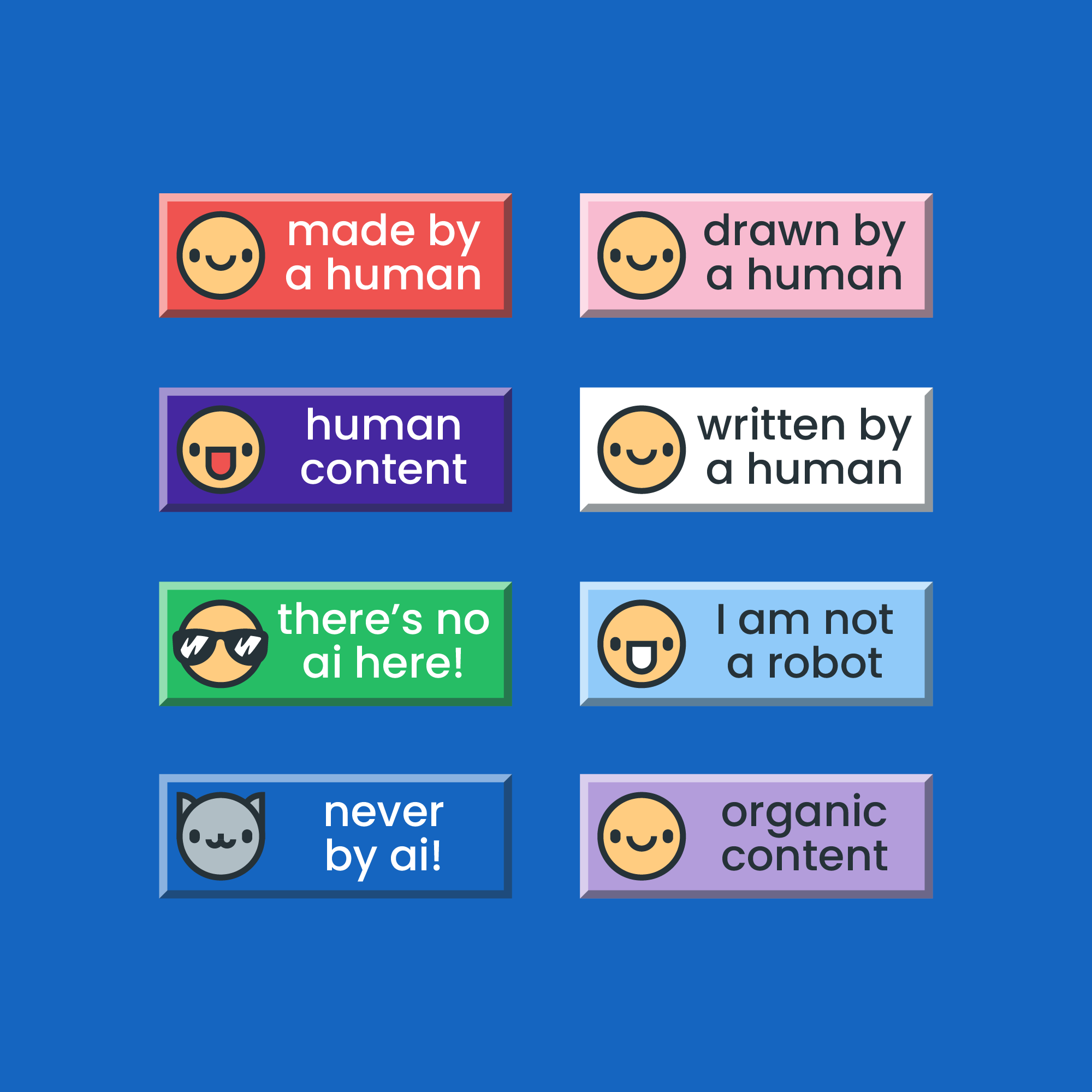 An array of 8 small web badges, each with a cartoonish face and a short string containing variations on “made by a human”, “never by ai!” etc.